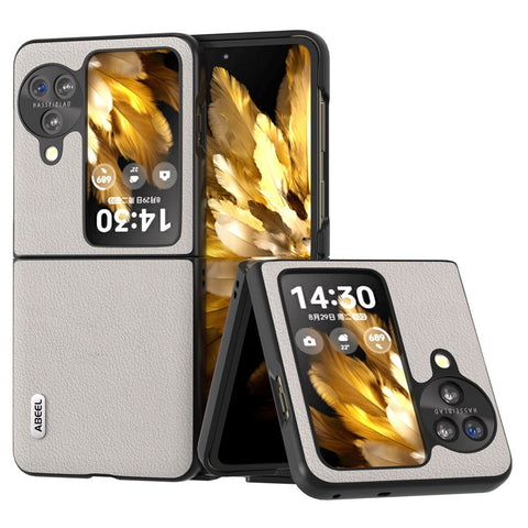 ABEEL For Oppo Find N3 Flip 5G Phone Case Textured Genuine Cow Leather Coated PC Folding Phone Cover