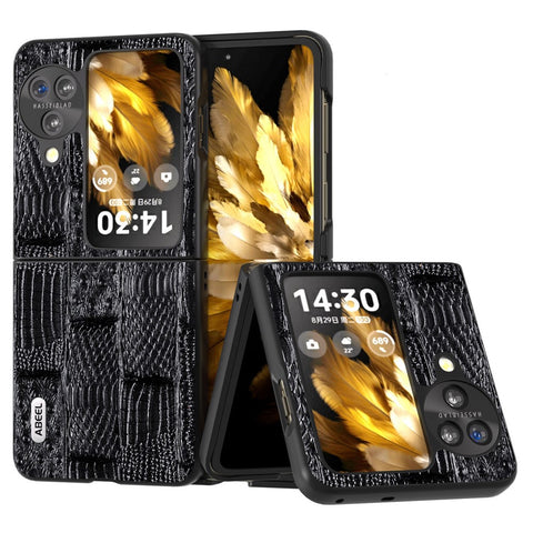 ABEEL For Oppo Find N3 Flip 5G Mahjong Texture Folding Phone Case Genuine Cow Leather+PC Cover