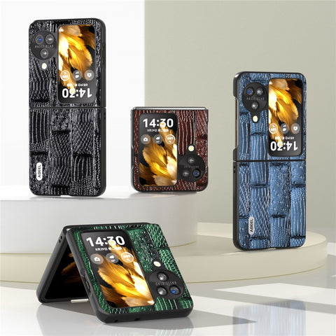 ABEEL For Oppo Find N3 Flip 5G Mahjong Texture Folding Phone Case Genuine Cow Leather+PC Cover