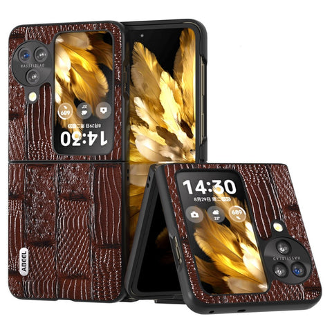 ABEEL For Oppo Find N3 Flip 5G Mahjong Texture Folding Phone Case Genuine Cow Leather+PC Cover