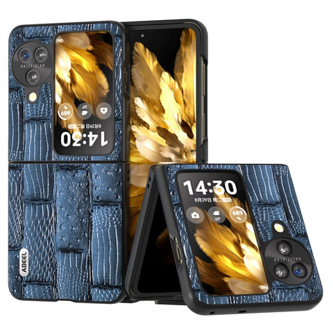 ABEEL For Oppo Find N3 Flip 5G Mahjong Texture Folding Phone Case Genuine Cow Leather+PC Cover