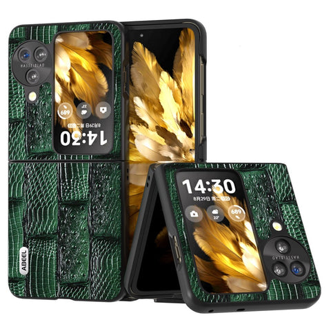 ABEEL For Oppo Find N3 Flip 5G Mahjong Texture Folding Phone Case Genuine Cow Leather+PC Cover