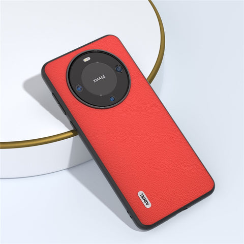 ABEEL For Huawei Mate 60 Pro Genuine Cow Leather Coating Phone Cover Litchi Texture PC+TPU Case