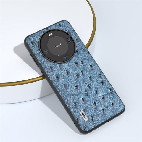 ABEEL Ostrich Texture Phone Case for Huawei Mate 60 Pro Genuine Cow Leather Coated PC+TPU Cover