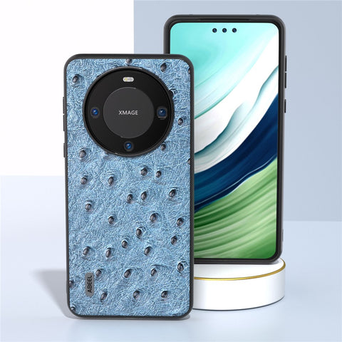ABEEL Ostrich Texture Phone Case for Huawei Mate 60 Pro Genuine Cow Leather Coated PC+TPU Cover