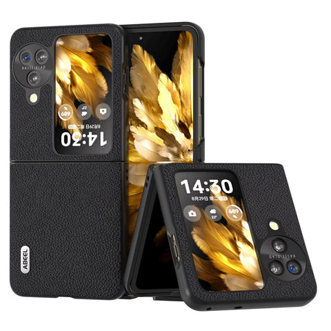 ABEEL For Oppo Find N3 Flip 5G Litchi Texture Case Genuine Cow Leather + PC Protective Phone Cover