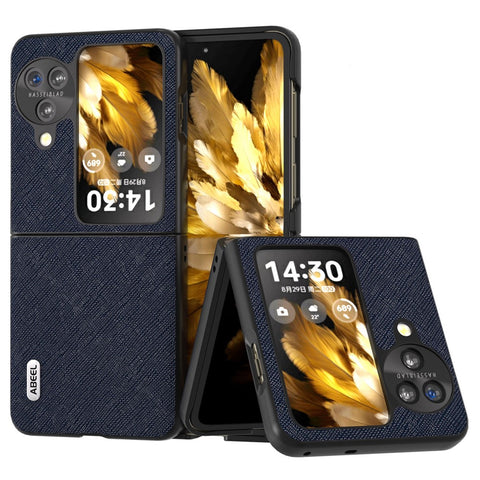 ABEEL For Oppo Find N3 Flip 5G Phone Cover Genuine Cow Leather + PC Cross Texture Anti-Scratch Case