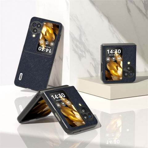 ABEEL For Oppo Find N3 Flip 5G Phone Cover Genuine Cow Leather + PC Cross Texture Anti-Scratch Case