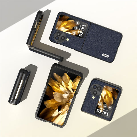 ABEEL For Oppo Find N3 Flip 5G Phone Cover Genuine Cow Leather + PC Cross Texture Anti-Scratch Case