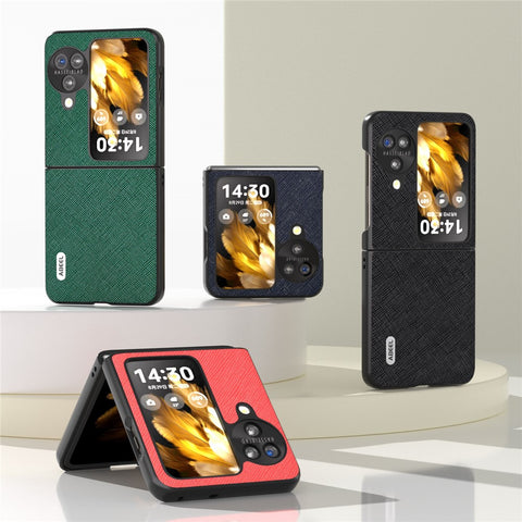 ABEEL For Oppo Find N3 Flip 5G Phone Cover Genuine Cow Leather + PC Cross Texture Anti-Scratch Case