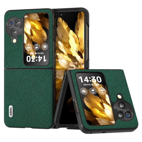ABEEL For Oppo Find N3 Flip 5G Phone Cover Genuine Cow Leather + PC Cross Texture Anti-Scratch Case