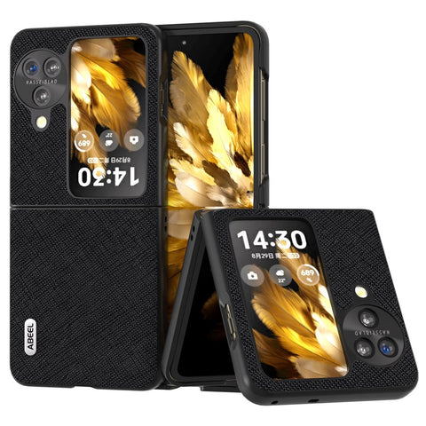 ABEEL For Oppo Find N3 Flip 5G Phone Cover Genuine Cow Leather + PC Cross Texture Anti-Scratch Case