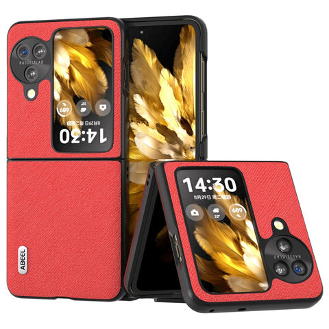 ABEEL For Oppo Find N3 Flip 5G Phone Cover Genuine Cow Leather + PC Cross Texture Anti-Scratch Case