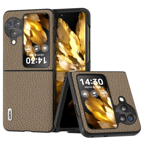 ABEEL For Oppo Find N3 Flip 5G Genuine Cow Leather + PC Phone Case Litchi Texture Drop Protection Cover