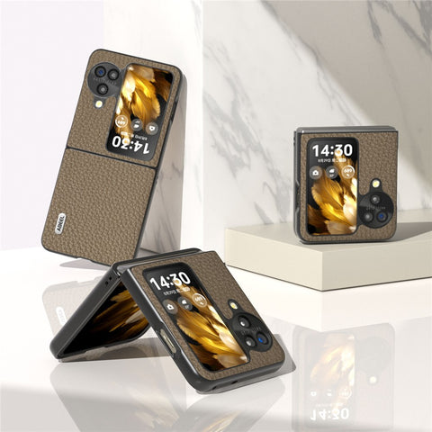 ABEEL For Oppo Find N3 Flip 5G Genuine Cow Leather + PC Phone Case Litchi Texture Drop Protection Cover