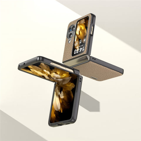 ABEEL For Oppo Find N3 Flip 5G Genuine Cow Leather + PC Phone Case Litchi Texture Drop Protection Cover
