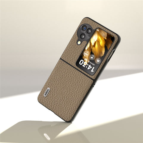 ABEEL For Oppo Find N3 Flip 5G Genuine Cow Leather + PC Phone Case Litchi Texture Drop Protection Cover