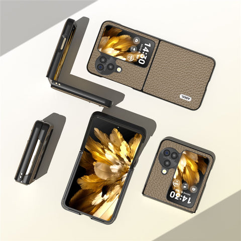 ABEEL For Oppo Find N3 Flip 5G Genuine Cow Leather + PC Phone Case Litchi Texture Drop Protection Cover