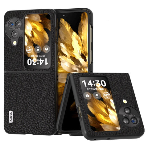 ABEEL For Oppo Find N3 Flip 5G Genuine Cow Leather + PC Phone Case Litchi Texture Drop Protection Cover