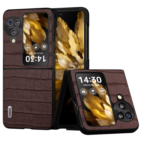 ABEEL For Oppo Find N3 Flip 5G Crocodile Texture Case Genuine Cow Leather+PC Anti-Scratch Phone Cover