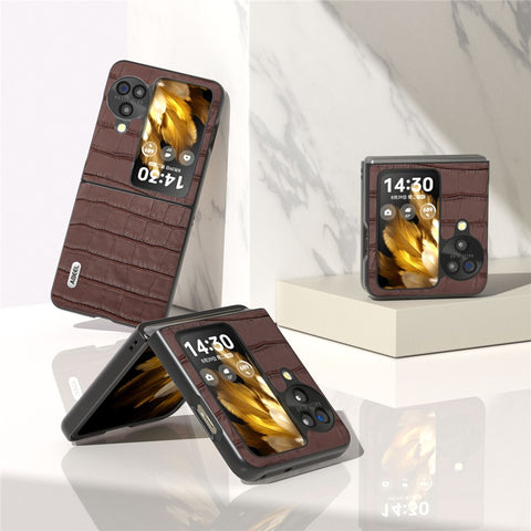 ABEEL For Oppo Find N3 Flip 5G Crocodile Texture Case Genuine Cow Leather+PC Anti-Scratch Phone Cover