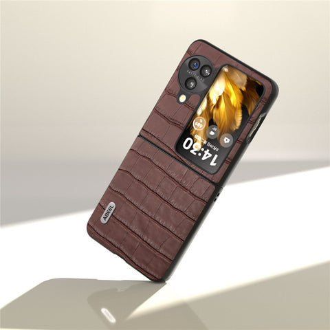ABEEL For Oppo Find N3 Flip 5G Crocodile Texture Case Genuine Cow Leather+PC Anti-Scratch Phone Cover