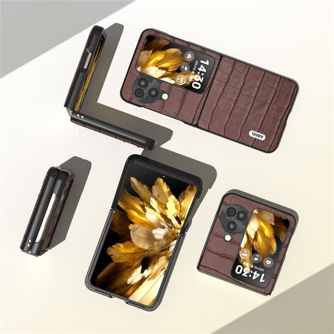 ABEEL For Oppo Find N3 Flip 5G Crocodile Texture Case Genuine Cow Leather+PC Anti-Scratch Phone Cover