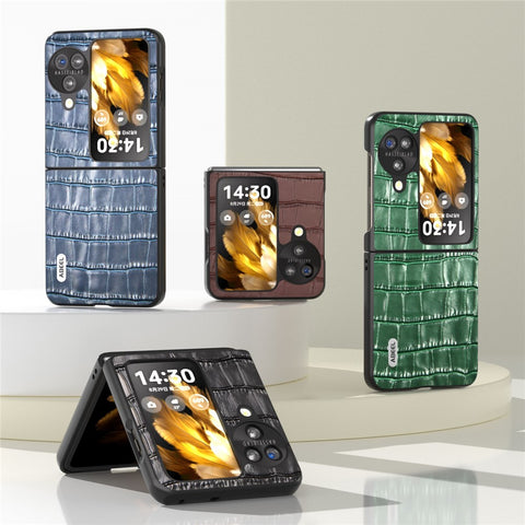 ABEEL For Oppo Find N3 Flip 5G Crocodile Texture Case Genuine Cow Leather+PC Anti-Scratch Phone Cover