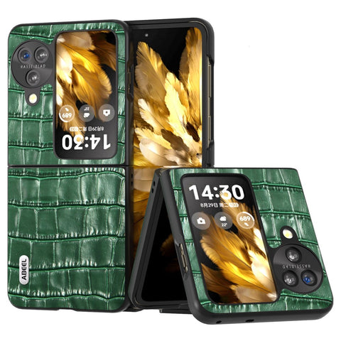 ABEEL For Oppo Find N3 Flip 5G Crocodile Texture Case Genuine Cow Leather+PC Anti-Scratch Phone Cover