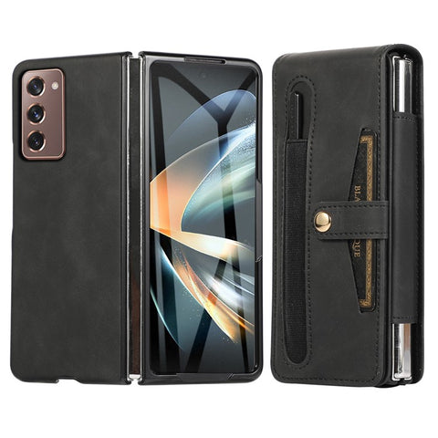 For Samsung Galaxy Z Fold2 5G Full Protection PC + PU Leather Phone Case Card Slot Glass Film Cover Shell with Stylus
