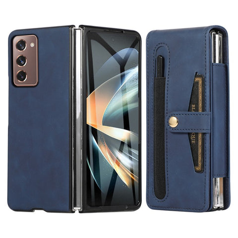 For Samsung Galaxy Z Fold2 5G Full Protection PC + PU Leather Phone Case Card Slot Glass Film Cover Shell with Stylus