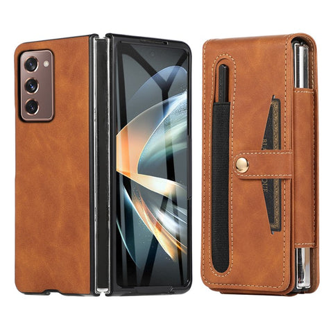 For Samsung Galaxy Z Fold2 5G Full Protection PC + PU Leather Phone Case Card Slot Glass Film Cover Shell with Stylus