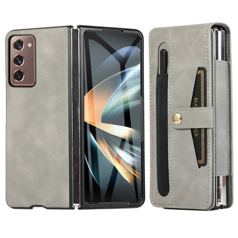 For Samsung Galaxy Z Fold2 5G Full Protection PC + PU Leather Phone Case Card Slot Glass Film Cover Shell with Stylus