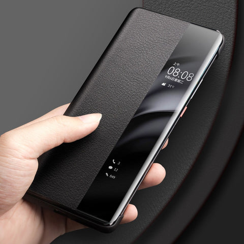 QIALINO For Huawei Mate 60 Case View Window Genuine Cow Leather Phone Cover