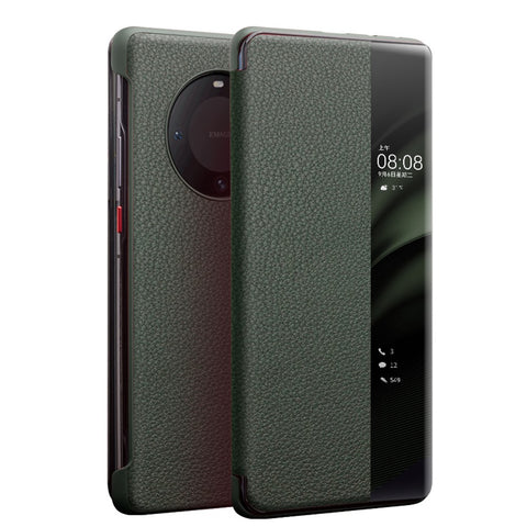 QIALINO For Huawei Mate 60 Case View Window Genuine Cow Leather Phone Cover