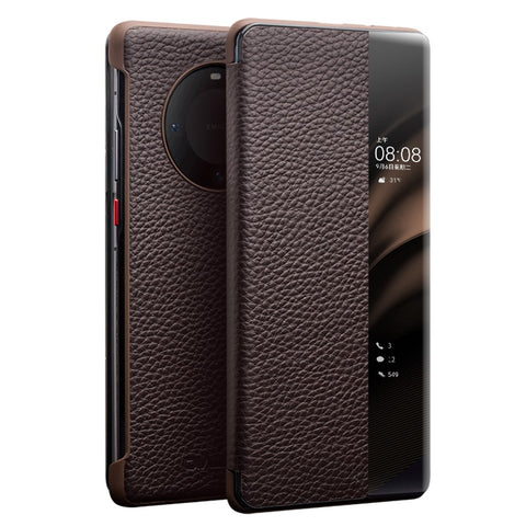 QIALINO For Huawei Mate 60 Case View Window Genuine Cow Leather Phone Cover