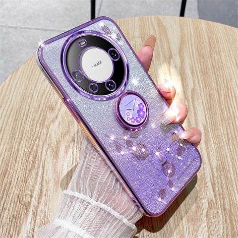 KADEM For Huawei Mate 60 Case Ring Kickstand Precise Cutout Flower Pattern Gradient Glitter TPU Cover