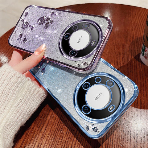 KADEM For Huawei Mate 60 Pro Case Precise Cutout Rhinestone Flower Anti-fall TPU Phone Cover with Strap