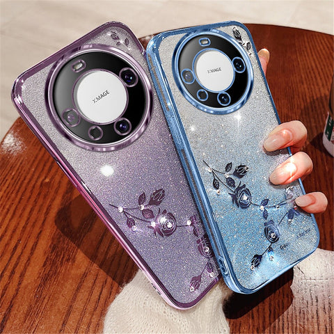 KADEM For Huawei Mate 60 Pro Case Precise Cutout Rhinestone Flower Anti-fall TPU Phone Cover with Strap