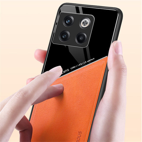 For OnePlus 10T 5G / Ace Pro 5G Case Built-in Car Mount Metal Sheet Leather+TPU+PC Phone Cover