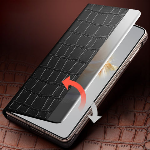 QIALINO For Huawei Mate X3 5G Case Stand Genuine Cow Leather View Window Phone Cover