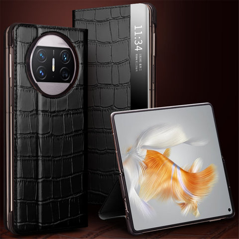 QIALINO For Huawei Mate X3 5G Case Stand Genuine Cow Leather View Window Phone Cover