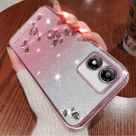 KADEM For Motorola Moto E13 4G TPU Case Flower Pattern Glitter Phone Cover with Strap