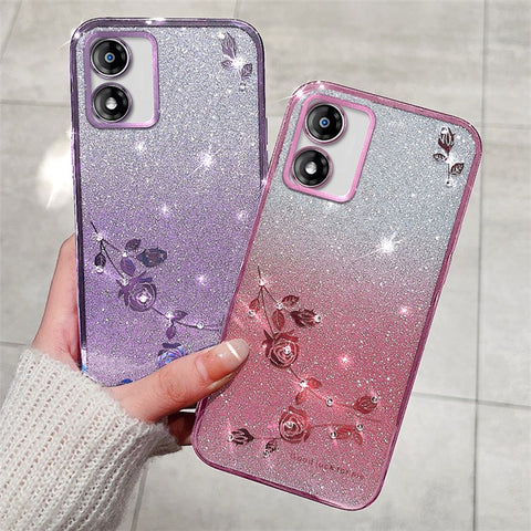 KADEM For Motorola Moto E13 4G TPU Case Flower Pattern Glitter Phone Cover with Strap