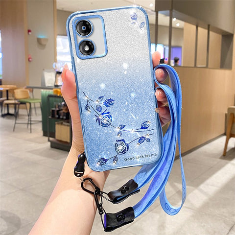 KADEM For Motorola Moto E13 4G TPU Case Flower Pattern Glitter Phone Cover with Strap