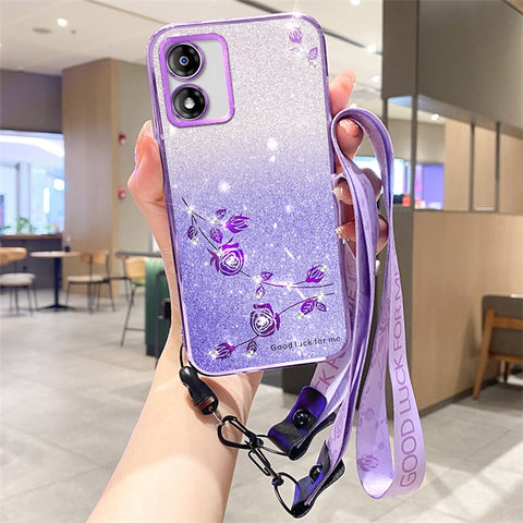 KADEM For Motorola Moto E13 4G TPU Case Flower Pattern Glitter Phone Cover with Strap