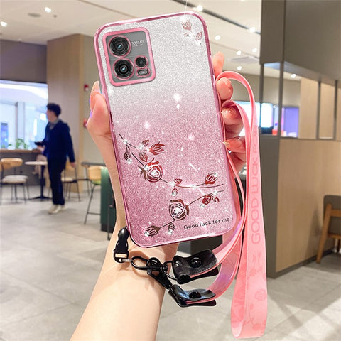KADEM For Motorola Moto G72 5G TPU Case Rhinestone Flower Phone Cover with Carrying Strap