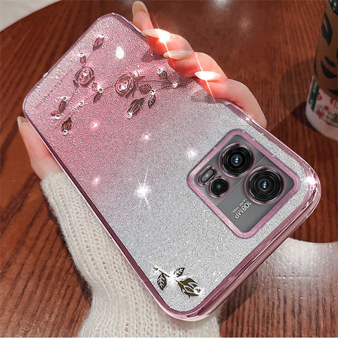 KADEM For Motorola Moto G72 5G TPU Case Rhinestone Flower Phone Cover with Carrying Strap