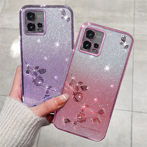 KADEM For Motorola Moto G72 5G TPU Case Rhinestone Flower Phone Cover with Carrying Strap