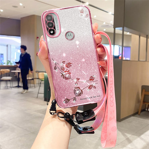 KADEM For Motorola Moto E20 Case Rhinestone Flower Phone Back Cover with Strap